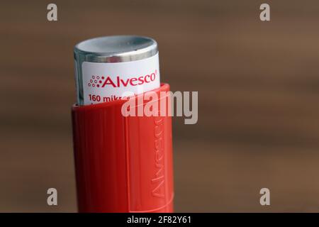 Alvesco 160 Mikrogramm pro Dosis Astma Medicine April 2020, Espoo, Finnland. Alvesco enthält Kortison, das zur Behandlung von Lungenentzündungen verwendet wird. Stockfoto