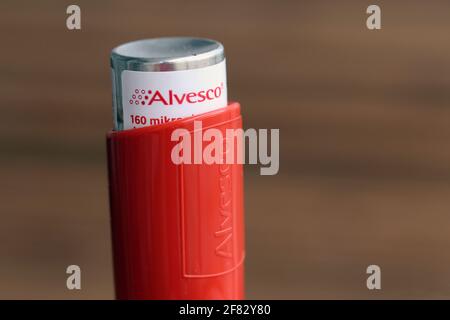 Alvesco 160 Mikrogramm pro Dosis Astma Medicine April 2020, Espoo, Finnland. Alvesco enthält Kortison, das zur Behandlung von Lungenentzündungen verwendet wird. Stockfoto