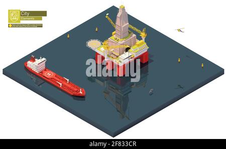 Vector isometrische Offshore-Bohranlage und Tankschiff Stock Vektor