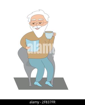 Der alte Mann liest ein Buch und trinkt Kaffee Stock Vektor