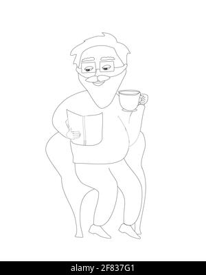 Der alte Mann liest ein Buch und trinkt Kaffee Stock Vektor