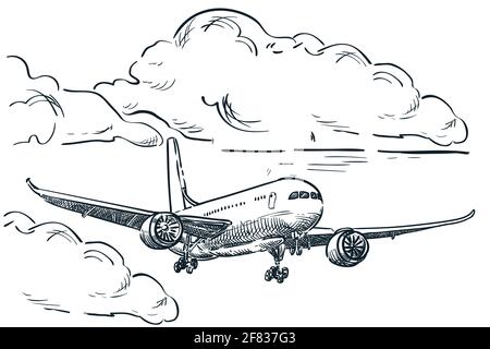 Flugzeug fliegt in Himmelswolken, Vektor-Skizze Illustration. Flugreisen, Tourismusflüge, Flugtickets buchen handgezeichnete isolierte Designelemente Stock Vektor