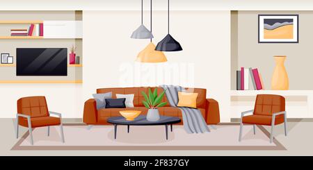 Moderne Wohnzimmereinrichtung. Vektor flache Cartoon-Illustration. Haus Luxus-Apartment. Zeitgemäßer Hintergrund. Designelemente für Möbel Stock Vektor