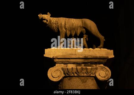 Kapitoliner Wolf (Lupa capitolina) mit Romulus und Remus bei Nacht auf dem Kapitolinischen Hügel in Rom, Italien Stockfoto