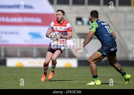 Leigh, Großbritannien. April 2021. Ryan Brierley (1) von Leigh Centurions läuft am 4/11/2021 mit dem Ball in Leigh, Großbritannien. (Foto von Simon Whitehead/News Images/Sipa USA) Quelle: SIPA USA/Alamy Live News Stockfoto