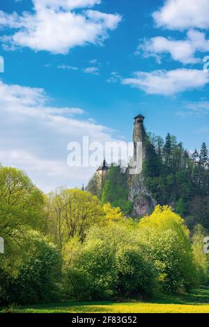 oravsky podzamok, slowakei - 01. MAI 2019: Burgturm auf dem Felsen. Schöne sonnige Landschaft im Frühling. Bäume in grünem Laub auf der Wiese ben Stockfoto