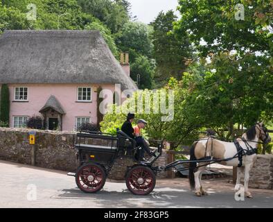 Das malerische reetgedeckte Dorf Cockington mit seinen farbenfrohen Cottages und Reiten, Cockington, Torquay, Devon, England, VEREINIGTES KÖNIGREICH Stockfoto