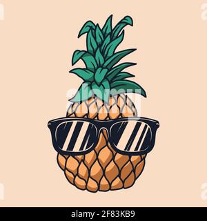 Illustration von Ananas mit Sonnenbrille im Gravurstil. Gestaltungselement für Plakat, Karte, Banner, Schild. Vektorgrafik Stock Vektor