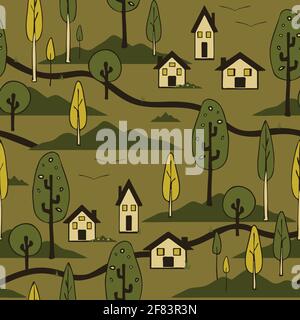 Nahtloses Vektormuster mit Landhauslandschaft auf braunem Hintergrund. Happy Home Tapete Design. Dekorative ländliche Wald Mode Textil. Stock Vektor