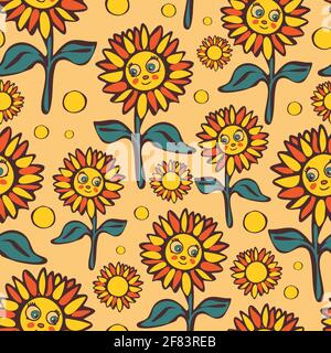 Nahtloses Vektor-Muster mit fröhlichen Sonnenblumen auf rosa Hintergrund. Niedliche Cartoon florale Tapete Design für Kinder. Einfache Blumenwiese Mode. Stock Vektor