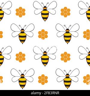 Nahtloses Muster mit Bienen und Waben auf weißem Hintergrund. Kleine Wespe. Vektorgrafik. Entzückende Cartoon-Figur. Vorlagendesign für Stock Vektor