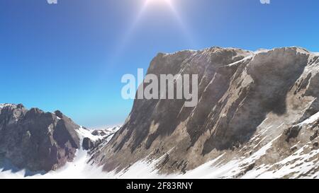 Mountain Snow Sun Ray Illustration, 3d Rendering Stockfoto