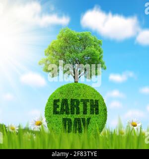 Grüner Planet mit Baum im Gras. Konzept des Erdtages. Stockfoto