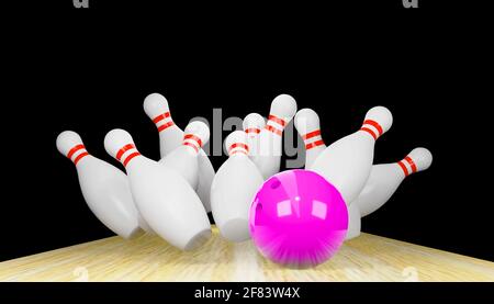 3d-Rendering eines Bowlingstreiks mit Kegeln und einem Ball.Digitale Bilddarstellung. Stockfoto