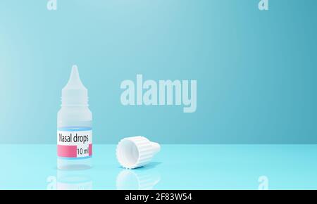 3D-Rendering eines nasalen Tropfens bei einem Laufende Nase in einer transparenten Plastikflasche mit einer Kapazität Von 10 ml.Illustration eines digitalen Bildes für Medicin Stockfoto