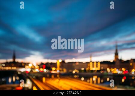 Stockholm, Schweden. Nacht Skyline Abstrakter Boke Bokeh Hintergrund. Designhintergrund. Nachtbeleuchtung. Stockfoto