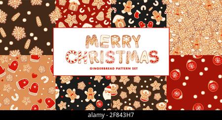 Weihnachtliche Lebkuchen mit nahtlosen Mustern auf dunklem Rücken. Figuren im Cartoon-Stil. Hintergrund des Feiertagsdesigns. Neujahr im skandinavischen Stil. Stock Vektor