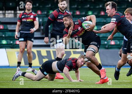 LONDON, GROSSBRITANNIEN. April 2021. Andy Christie von Saracens in Aktion während des Greene King IPA Championship Rugby Match zwischen Saracens und Bedford Blues im StoneX Stadium am Sonntag, den 11. April 2021. LONDON, ENGLAND. Kredit: Taka G Wu/Alamy Live Nachrichten Stockfoto