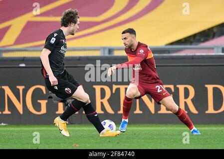 Rom, Italien. April 2021. Borja Mayoral von AS Roma in Aktion gesehen während der italienischen Fußball-Liga EIN Spiel 2020/2021 zwischen AS Roma gegen Bologna FC im Olimpic Stadium in Rom./LiveMedia Kredit: Unabhängige Fotoagentur/Alamy Live News Stockfoto