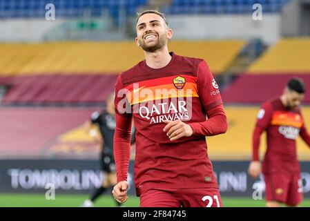 Rom, Italien. April 2021. Borja Mayoral von AS Roma in Aktion gesehen während der italienischen Fußball-Liga EIN Spiel 2020/2021 zwischen AS Roma gegen Bologna FC im Olimpic Stadium in Rom./LiveMedia Kredit: Unabhängige Fotoagentur/Alamy Live News Stockfoto