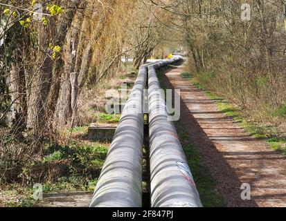 Potsdam, Deutschland. April 2021. Dicke, graue Fernwärmerohre liegen zwischen der Autobahn Nuthe und der Autobahn Nuthe am Rande eines Weges im Wald. Quelle: Soeren Stache/dpa-Zentralbild/ZB/dpa/Alamy Live News Stockfoto