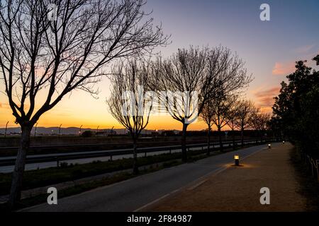 Landstraße im Llobregat-Delta, in Barcelona. Auf der anderen Seite sehen wir einen sandigen Wanderweg, eine Fahrradstraße und eine Straße. In der Mitte sind illumina Stockfoto