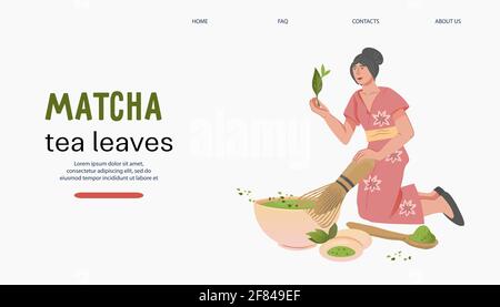 Matcha grüner Tee Website Banner-Vorlage mit Frau Tee brauen, flache Vektor. Stock Vektor