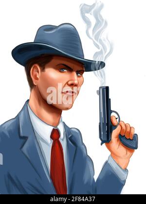 Amerikanischer Vintage-Gangster mit einem Rauchgewehr. Digitale Illustration Stockfoto