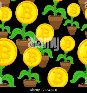 Bitcoin-Pflanze im Topfmuster nahtlos. Kryptowährung Blume Hintergrund. Stock Vektor