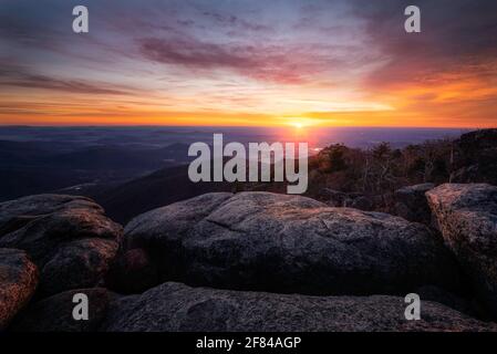 Sonnenaufgang vom Gipfel des Old Rag Mountain im Shenandoah National Park. Stockfoto