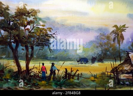 Handgemalte originale Meisterwerke des Impressionismus Maler zeitgenössische Kunst Aquarellmalerei ländliche Landschaft thailands Stockfoto