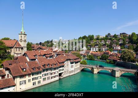 Aare, Panoramablick von der Nydeggbrücke, Unterbrücke, Mattenhof, Bern, Schweiz Stockfoto