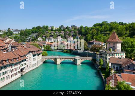 Aare, Panoramablick von der Nydeggbrücke, Unterbrücke, Mattenhof, Bern, Schweiz Stockfoto