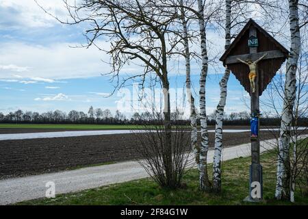 Kreuz vor einer Gruppe von Birken in Esten, in der Gemeinde Olching im Landkreis Fürstenfeldbruck in Bayern. Stockfoto