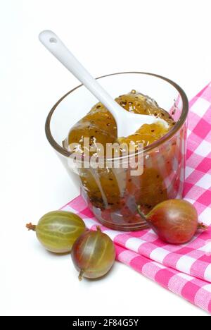 Glas Stachelbeermarmelade und Stachelbeeren (Ribes uva-Crispa), Stachelbeermarmelade, Marmelade Stockfoto