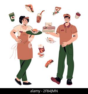 Restaurant Kellnerin und Lieferung Kurier Cartoon-Figuren, Cartoon flache Vektor-Illustration. Stock Vektor