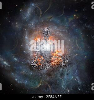 Kraft der Meditation. Mann in Lotushaltung. 3D-Rendering Stockfoto