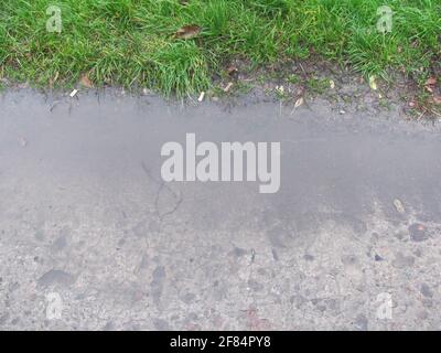 Eine Pfütze auf einer Betonstraße neben grünem Gras. Stockfoto