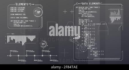 HUD-Schnittstellenelemente mit einem Teil des Codes C Plus Plus. Stock Vektor