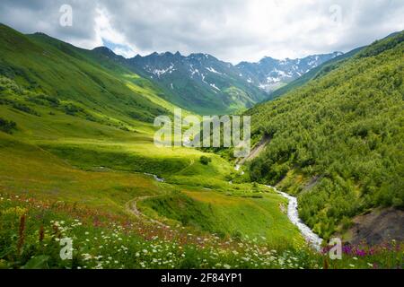 Das schöne Wiesental und ein Bach der Region Svaneti, Georgien, im Frühling Stockfoto
