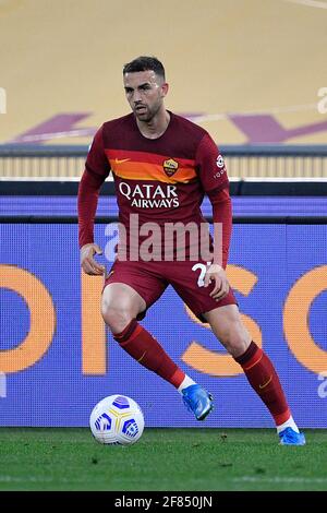 Rom, Italien. April 2021. Borja Mayoral von AS Roma in Aktion gesehen während der italienischen Fußball-Liga EIN Spiel 2020/2021 zwischen AS Roma gegen Bologna FC im Olimpic Stadium in Rom./LiveMedia Kredit: Unabhängige Fotoagentur/Alamy Live News Stockfoto