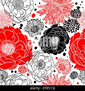 Nahtlose rote und schwarze Blumenhintergrund. Dunkler und heller Hintergrund mit Pfingstrosen. Vektorgrafik Stock Vektor