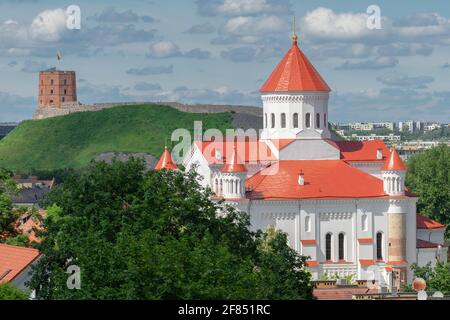 Blick auf die Altstadt von Vilnius im Sommer. Eines der ältesten christlichen Heiligtümer der Stadt - Kathedrale der Gottesmutter. In der Ferne - Gediminas Tower Stockfoto