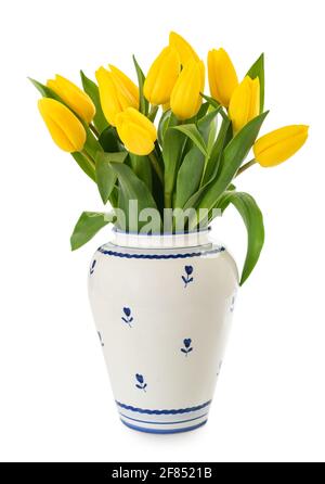 Gelbe Tulpen Blumen in Vase isoliert auf weißem Hintergrund Stockfoto