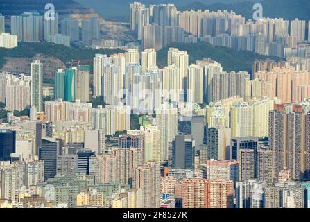 Blick über die Kowloon-Halbinsel in Hongkong, China, von den Kowloon-Hügeln im Norden Stockfoto