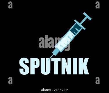 Sputnik - Impfung gegen Covid-19 und Coronavirus durch russischen Impfstoff. Vektorgrafik isoliert auf Schwarz. Stockfoto