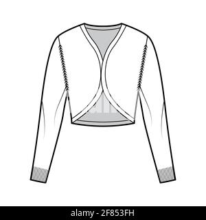 Bolero-Strickjacke mit Schulterzucken und technischer Fashion-Illustration mit V-Ausschnitt, langen Ärmeln, schlanker Passform, Crop-Länge, Rippstrick-Besatz. Flache Sweatshirt-Bekleidung vorne, in weißer Farbgebung. Frauen, Männer Unisex-CAD-Modell Stock Vektor