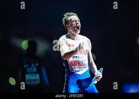 Doha 2019. Karsten Warholm beim Start der 400-Meter-Hürden bei den Weltmeisterschaften 2019. Stockfoto