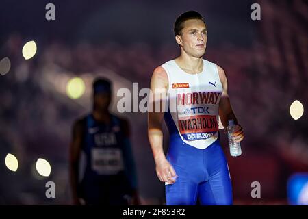 Doha 2019. Karsten Warholm beim Start der 400-Meter-Hürden bei den Weltmeisterschaften 2019. Stockfoto