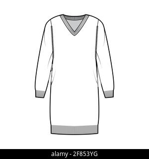 Kleid mit V-Ausschnitt Pullover technische Mode-Illustration mit langen Ärmeln, Relax-Passform, knielang, Rippenstrick. Flatpullover-Bekleidung vorne, in weißer Farbgebung. Frauen, Männer Unisex-CAD-Modell Stock Vektor